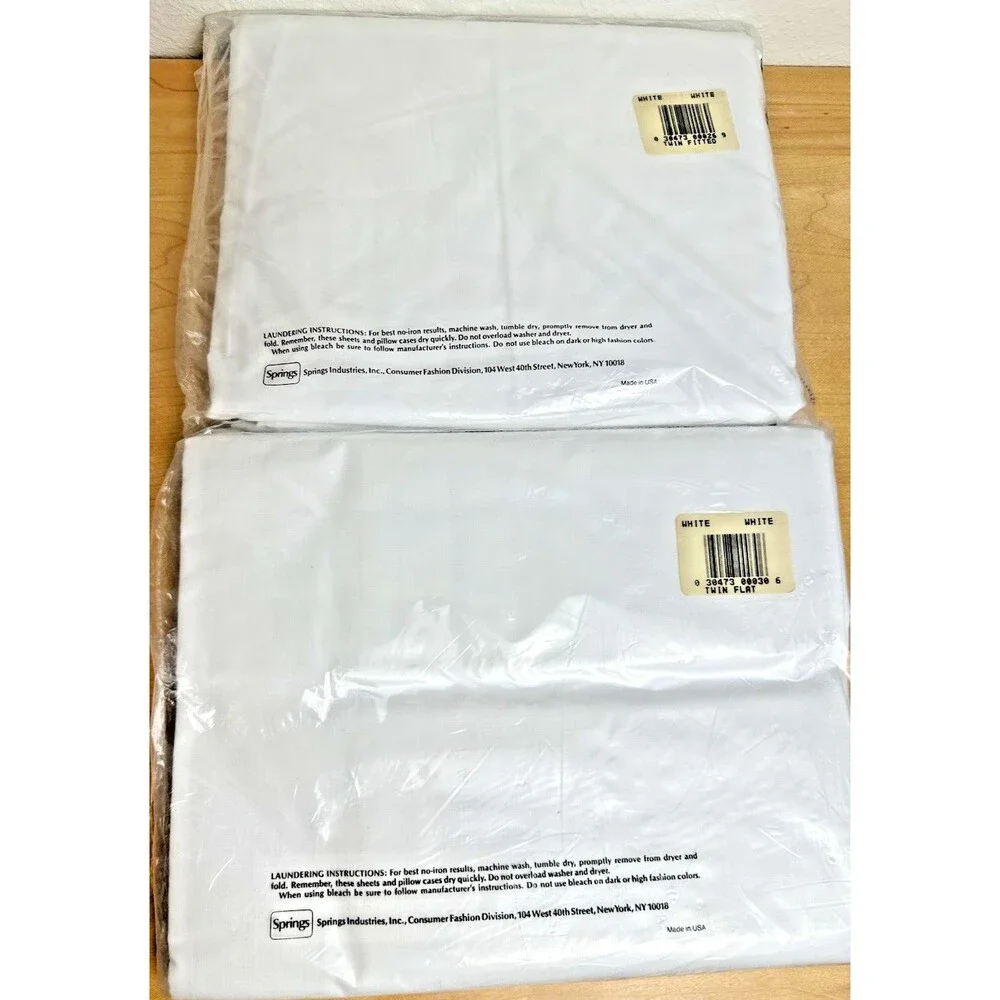 NOS Vintage Springmaid Twin Sheet Set White Percale Made in USA Flat & Fitted